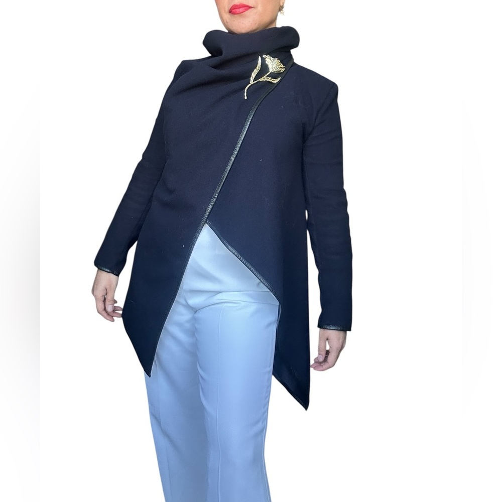 Elegant Dark Blue Jacket with Asymmetrical Design and Silver Zippers small